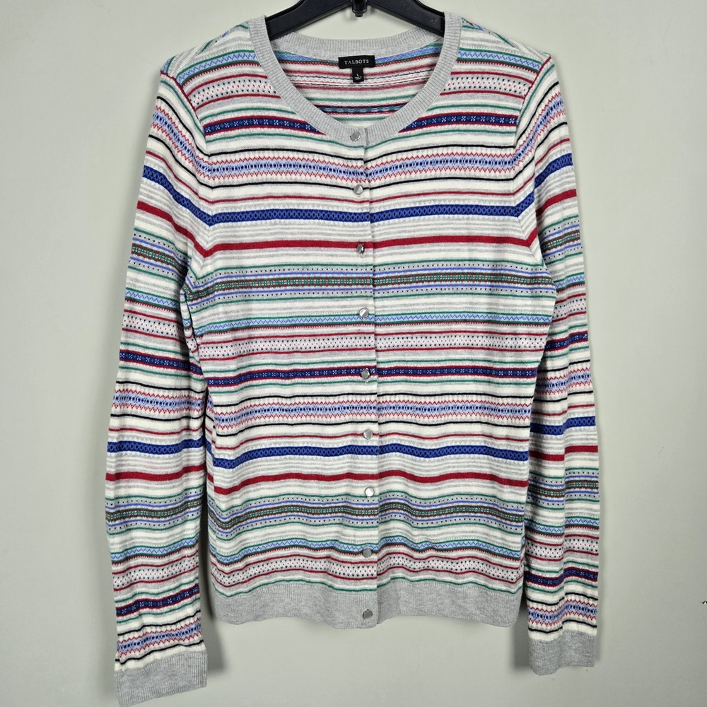 Talbots Womens Fair Isle Lambswool Cardigan Size L White Preppy Cozy Nordic Warm